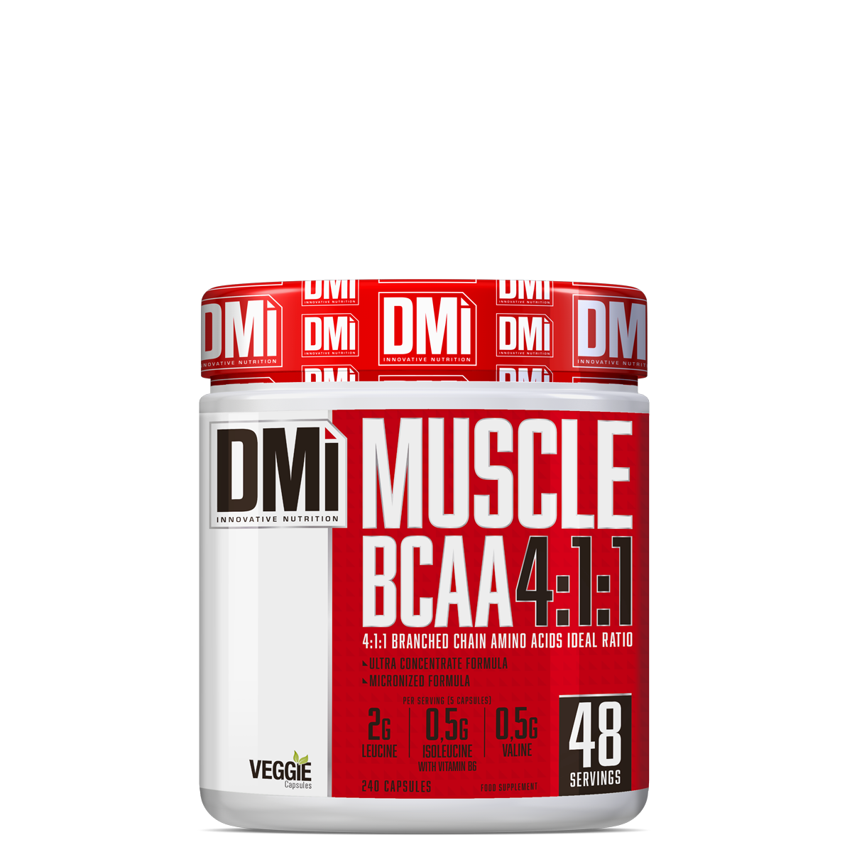 Frasco branco com tampa vermelha do suplemento DMi Muscle BCAA 4:1:1