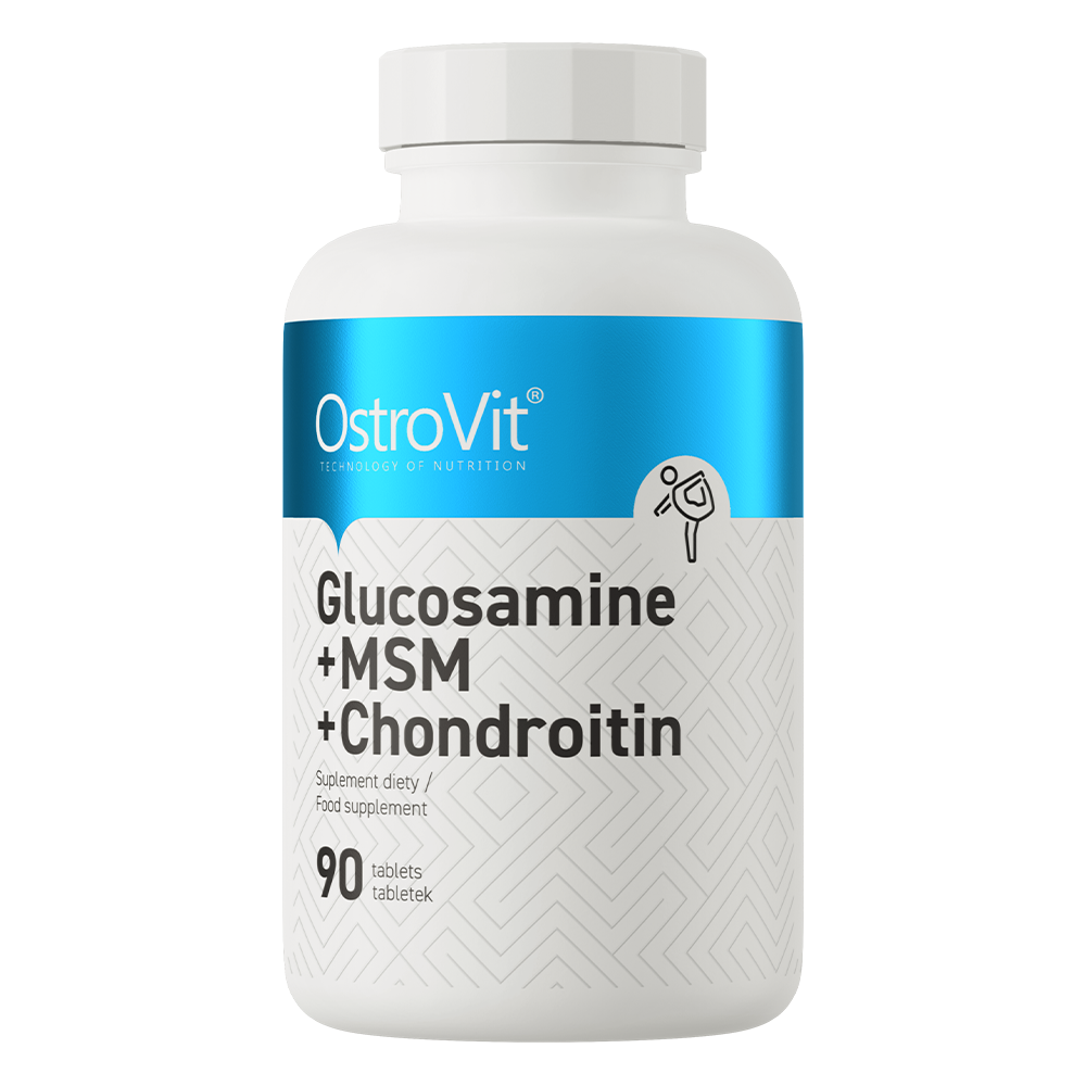 Frasco de suplemento alimentar OstroVit Glucosamine + MSM + Chondroitin com 90 comprimidos