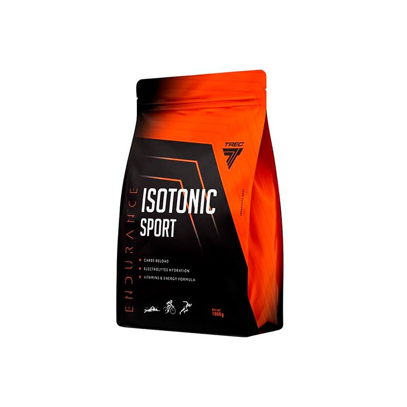 Pacote preto e laranja do suplemento Trec Nutrition Isotonic Sport com texto branco.