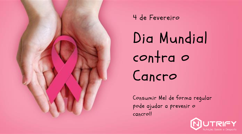 Fitas cor-de-rosa nas mãos com texto sobre Dia Mundial contra o Cancro e logotipo Nutrifiy