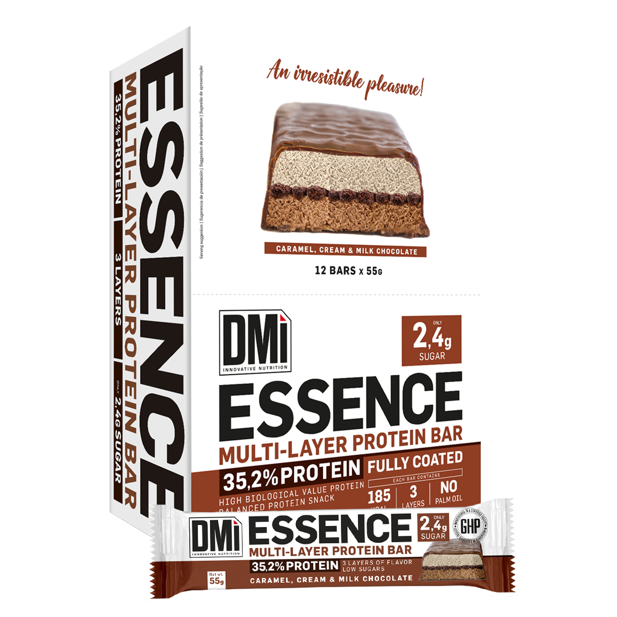 Embalagem e barra proteica multi-camadas DMi Essence com caramelo, creme e chocolate de leite