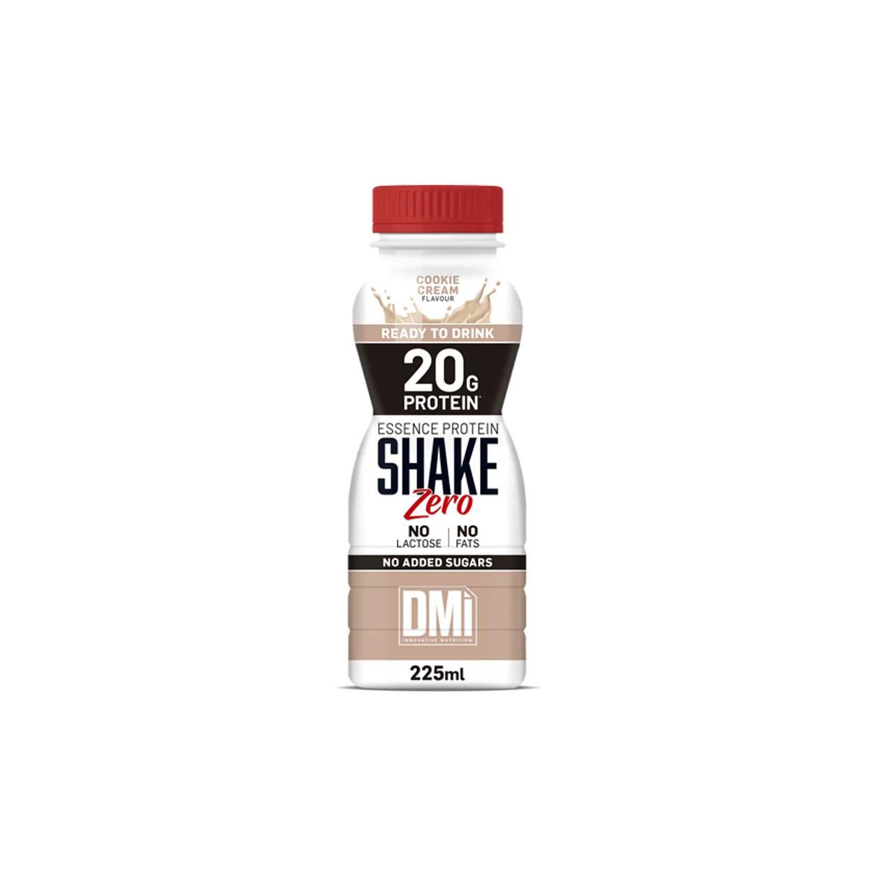 Essence Protein Shake Zero® DMI Nutrition 225ml Garrafa de bebida proteica com tampa vermelha e rótulo branco, preto e bege