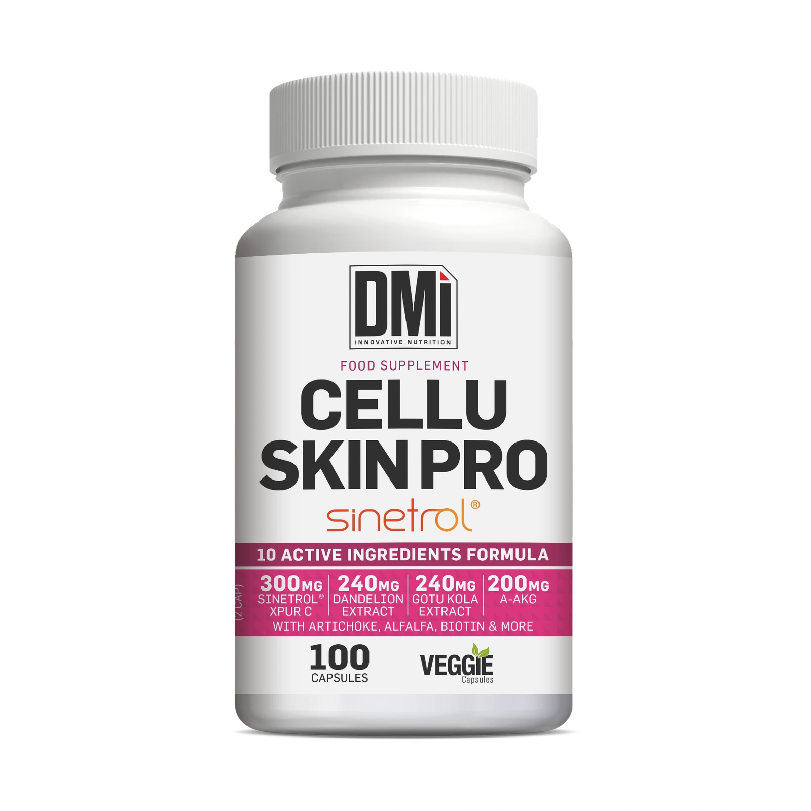 CELLU SKIN PRO DMI — 100 Cápsulas frasco branco de suplemento CELLU SKIN PRO DMi com selo sinetrol