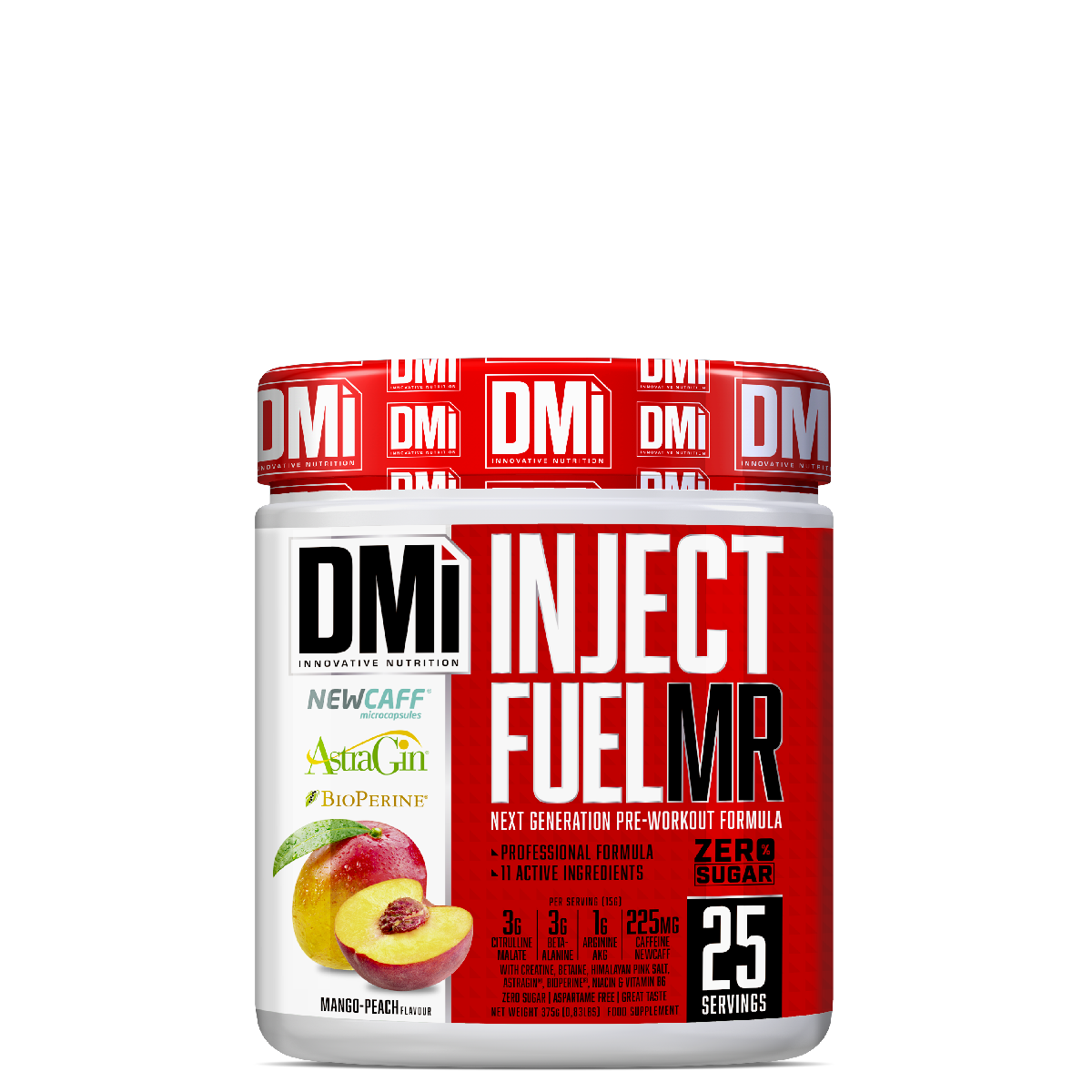 Suplemento pré-treino DMI INJECT FUEL MR sabor pêssego em pote branco e vermelho