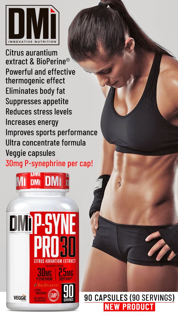 Suplemento alimentar DMI P-SYNE PRO 30 com mulher atlética a usar roupa de desporto preta.