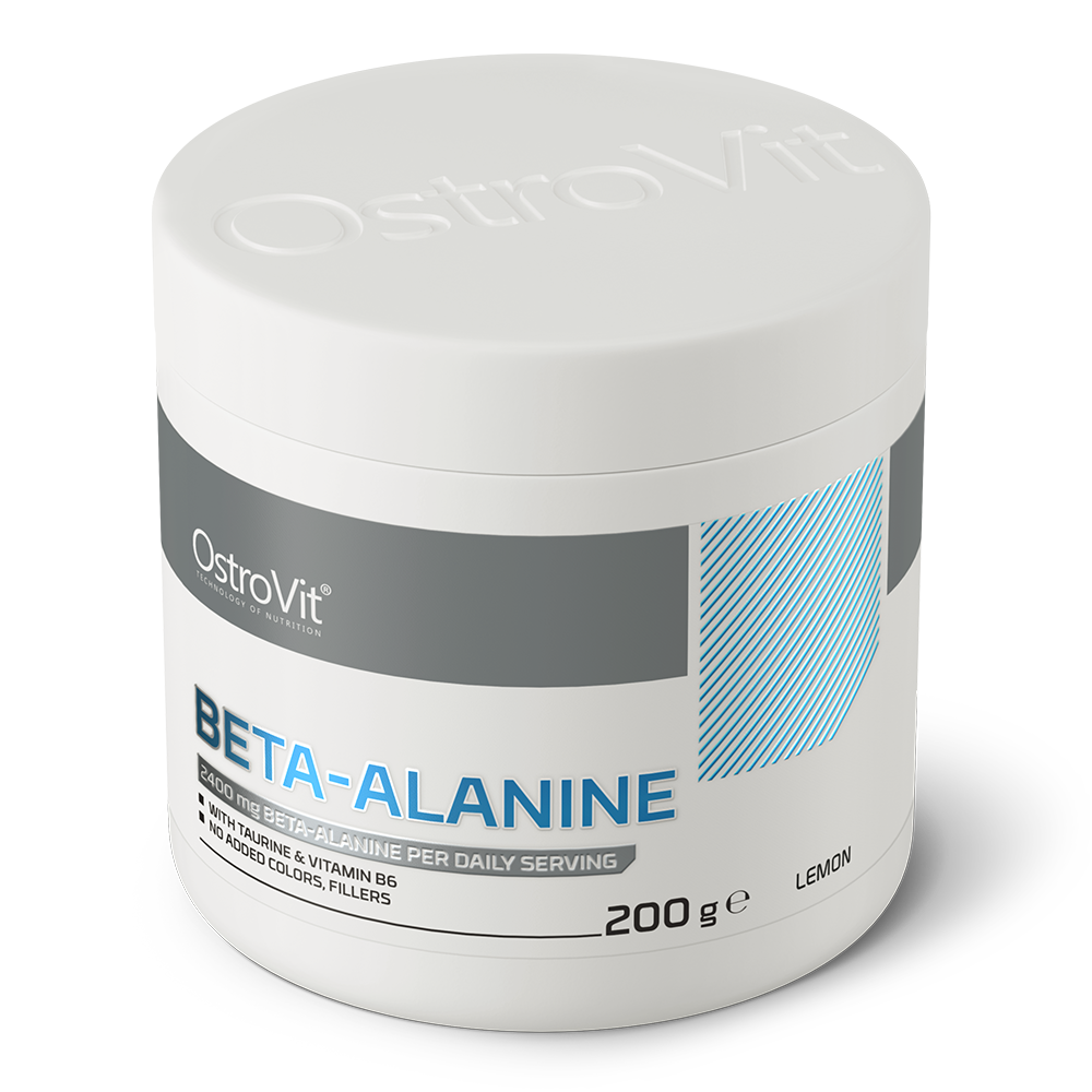 Pote branco de suplemento OstroVit Beta-Alanine 200g sabor limão com rótulo cinza e azul
