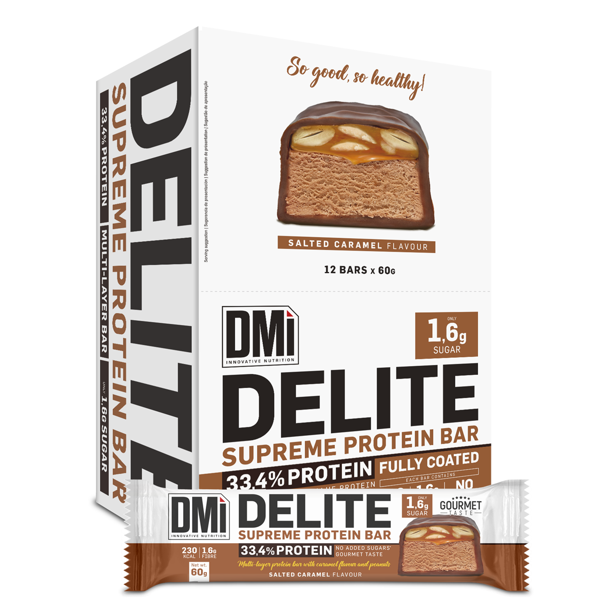 Barra proteica DELITE SUPREME PROTEIN BAR sabor Salter Caramel com embalagem branca e castanha