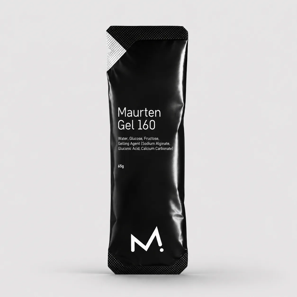 Maurten Gel 160 – 65g Pacote preto de gel energético Maurten Gel 160 com texto branco