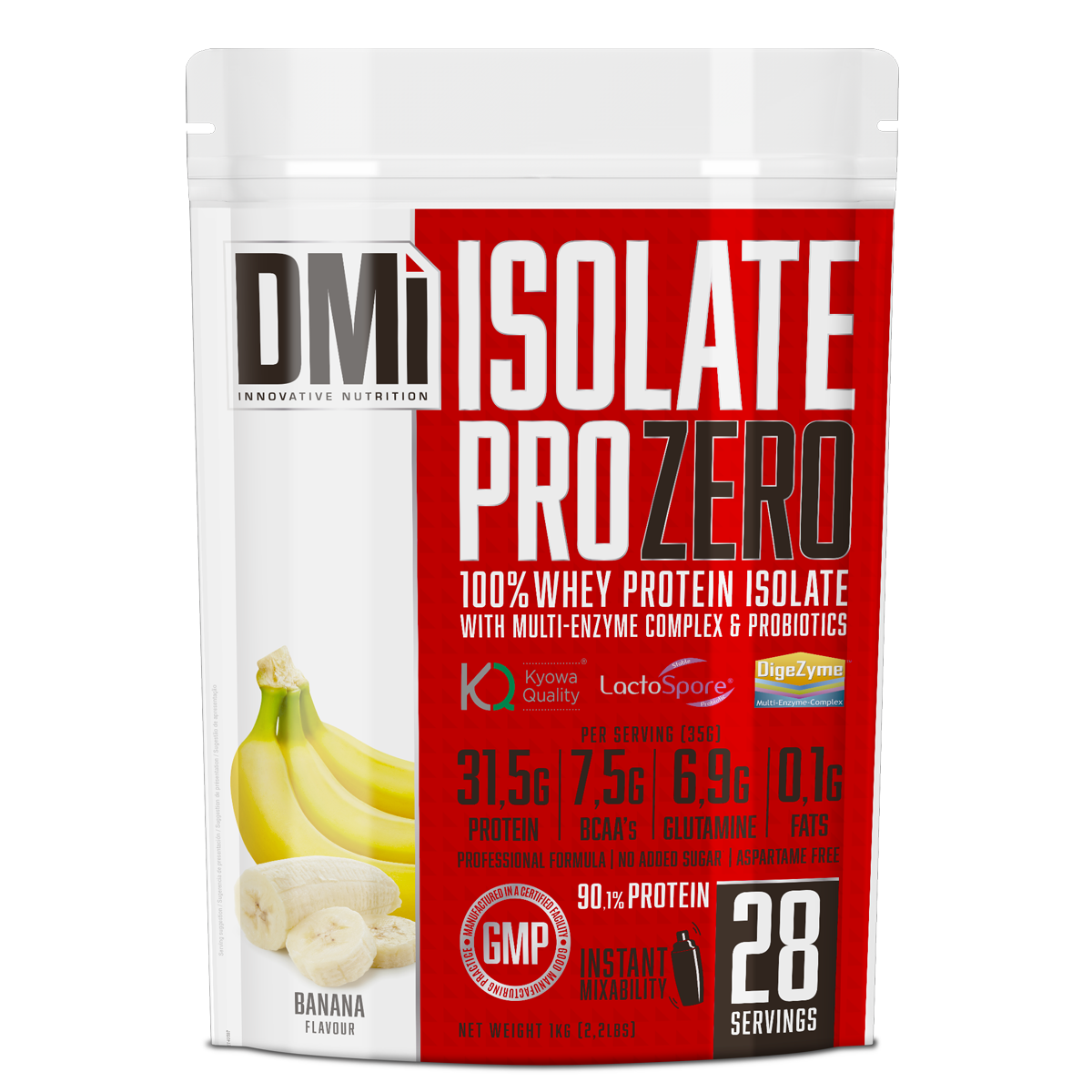 Pacote de proteína isolada sabor banana, embalagem branca e vermelha, texto com especificações nutricionais.