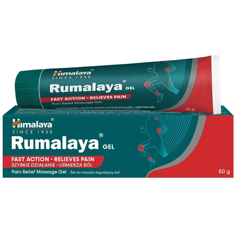 Gel Rumalaya 50g da Himalaya para alívio da dor em embalagem verde, cinza e vermelho