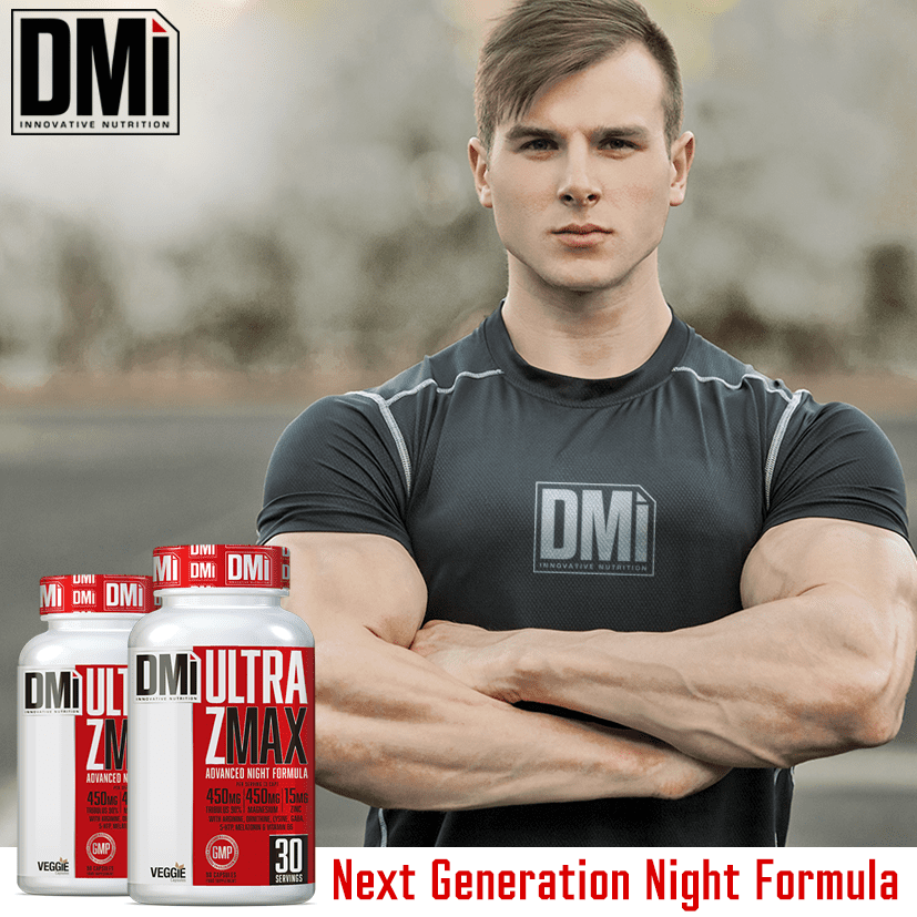 Suplemento DMi Ultra ZMax com homem musculado e texto Next Generation Night Formula