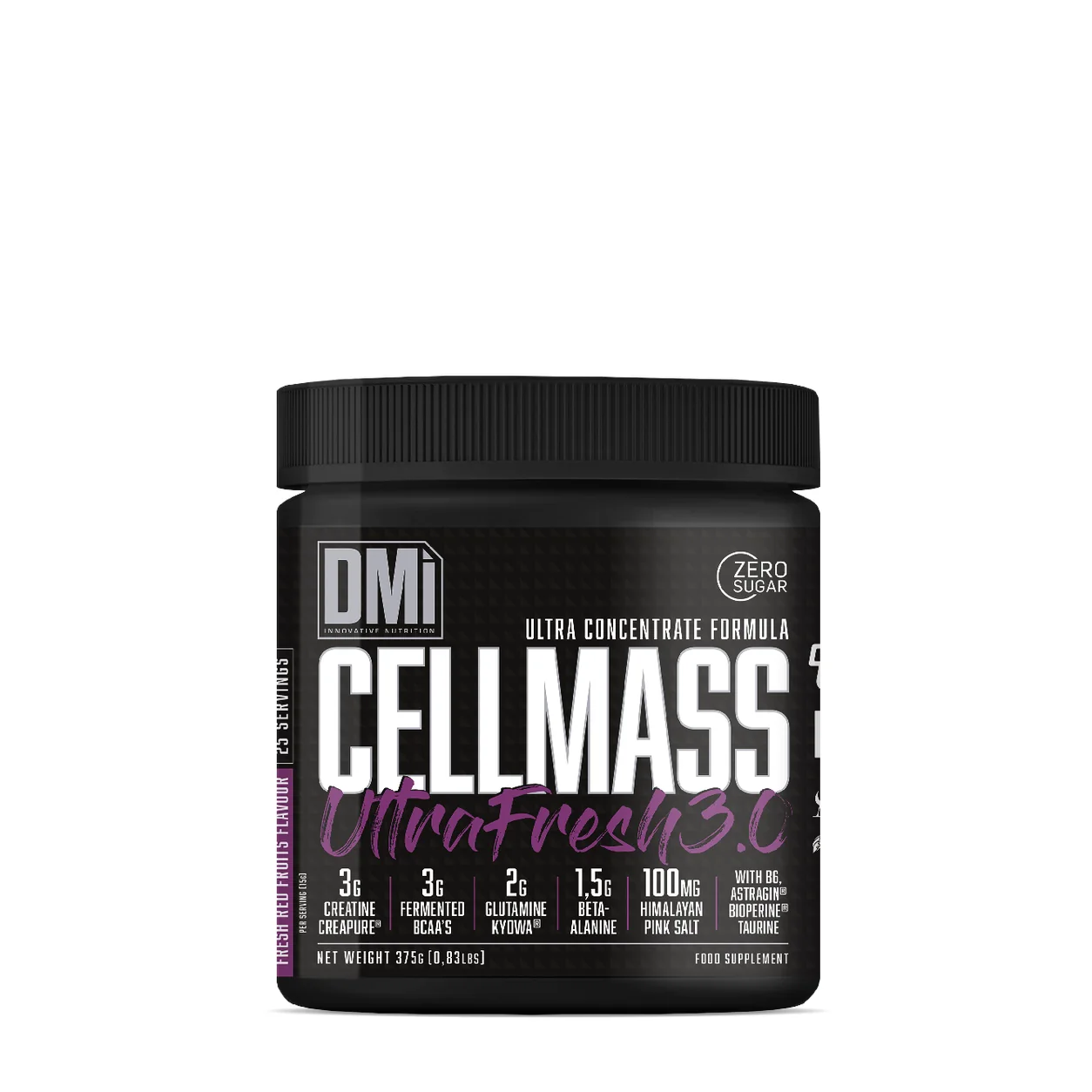 CELL MASS ULTRA FRESH 3.0® DMI Nutrition 375g Frasco preto de suplemento alimentar CELL MASS Ultra Fresh 3.0 com texto em preto, branco e roxo