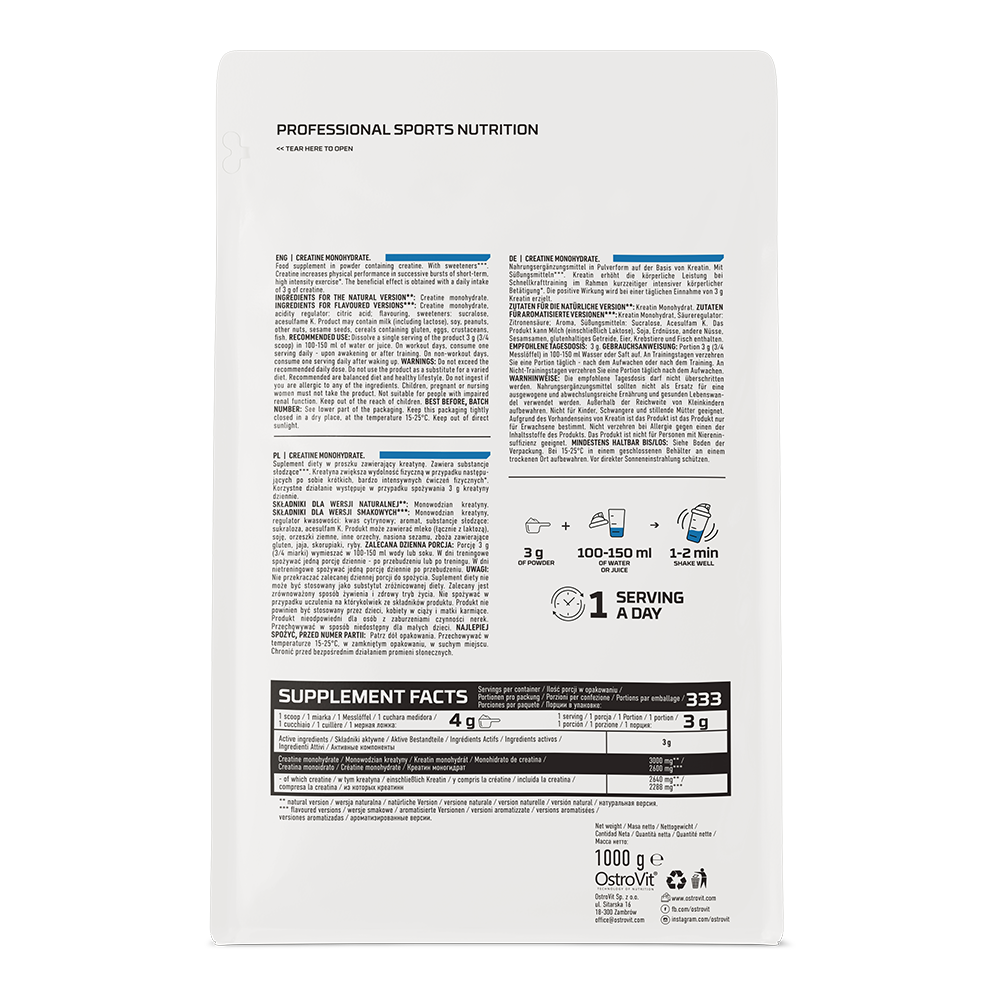 Embalagem branca de suplemento nutricional para desporto vista de trás com texto e tabela nutricional
