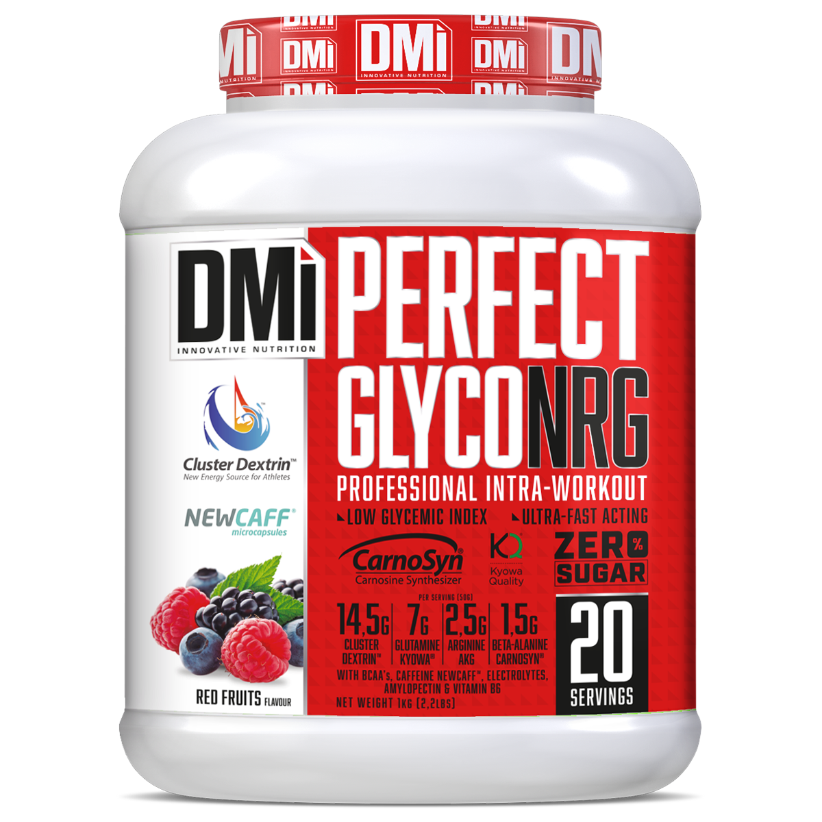 Suplemento DMi PERFECT GLYCONRG frutos vermelhos em pote branco com etiqueta vermelha e branca