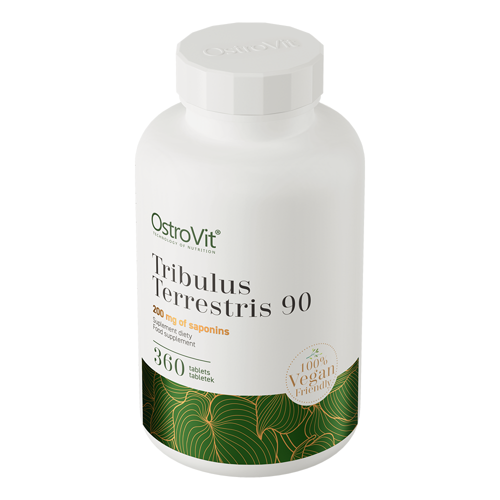 Frasco branco de suplemento Tribulus terrestris com rótulo verde e dourado