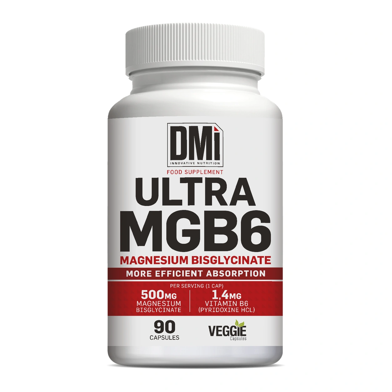 ULTRA MGB6 DMI – 90 Cápsulas Frasco de suplemento alimentar ULTRA MGB6 Magnésio Bisglicinato.