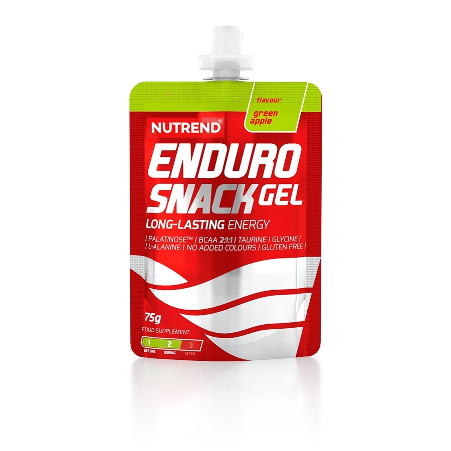 pacote flexível vermelho com texto branco e verde de suplemento Nutrend Enduro Snack Gel sabor maçã verde