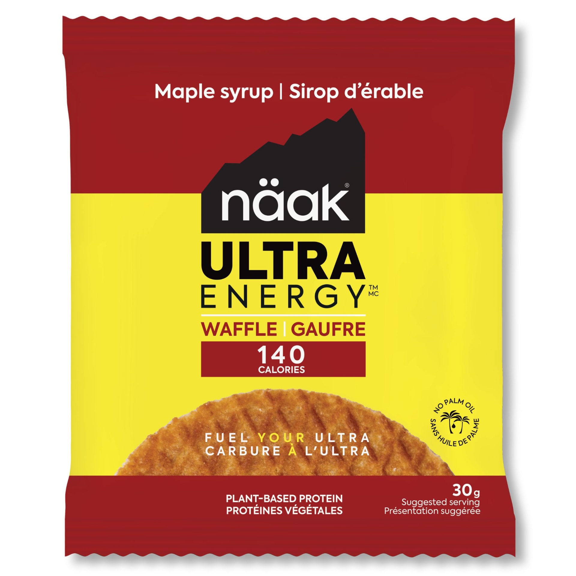 Pacote vermelho e amarelo de bolacha waffle naak ULTRA ENERGY com sabor maple syrup