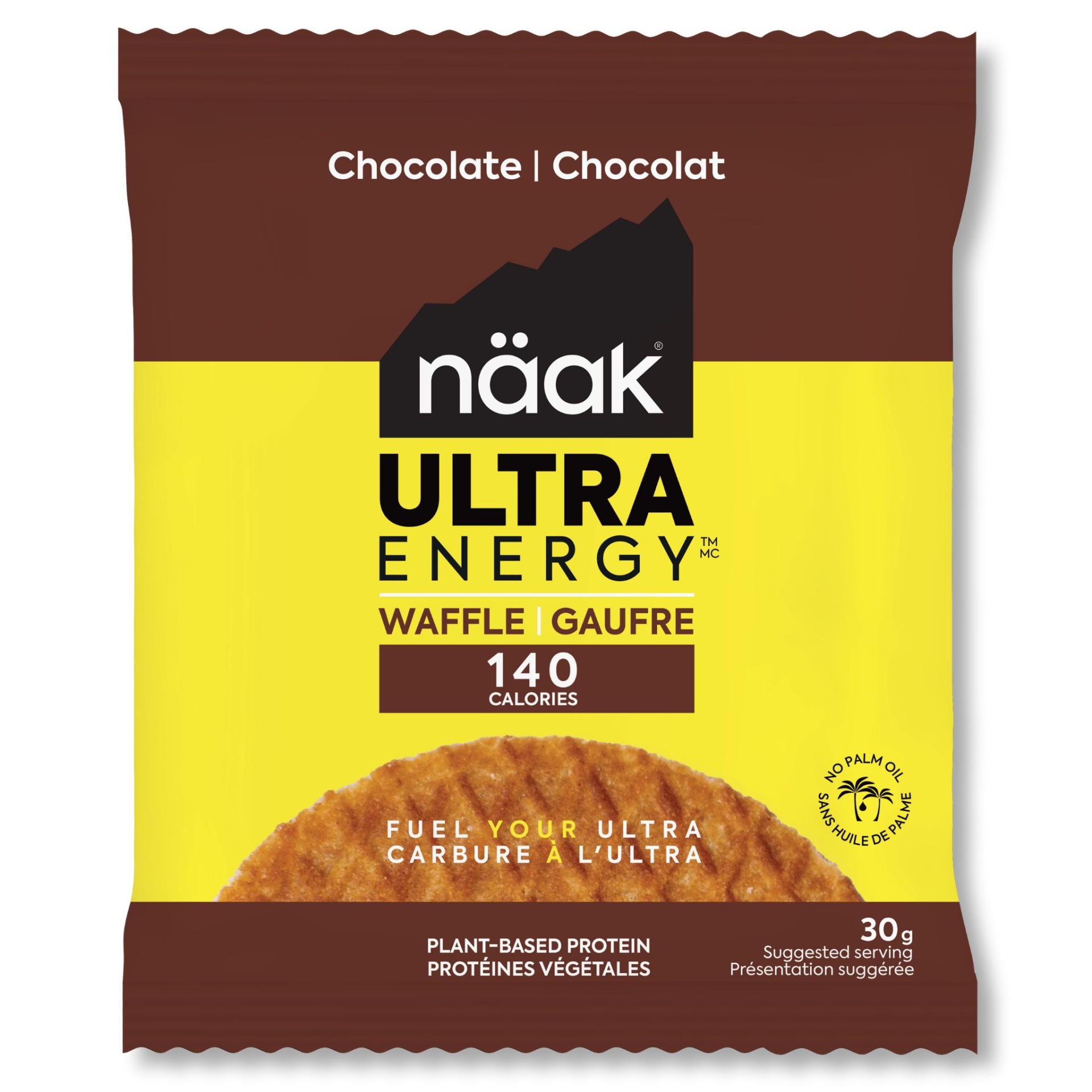 Empacotamento amarelo e castanho com texto de produto alimentício näak ULTRA ENERGY Waffle Chocolate.