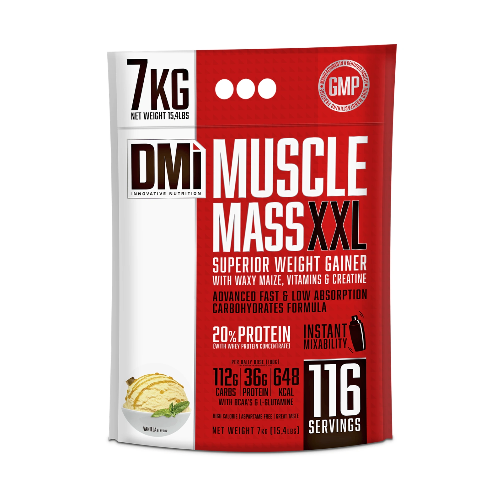Muscle Mass XXL DMI — 7 kg Pacote vermelho e branco de suplemento alimentar DMT Muscle Mass XXL de 7 kg para ganho de massa muscular