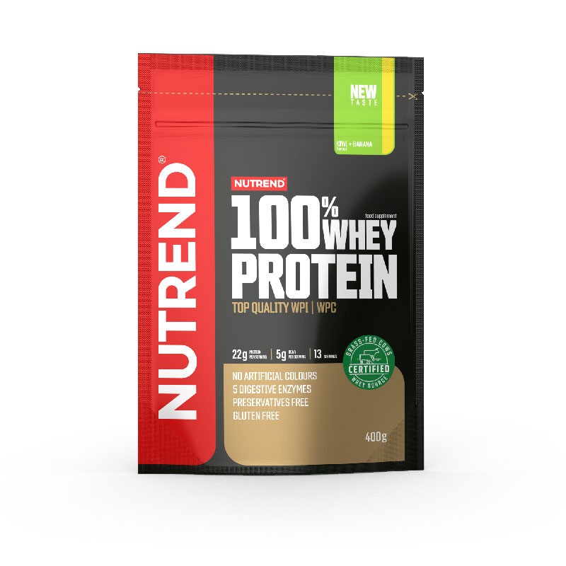 Saco de suplemento alimentar NUTREND 100% Whey Protein preto, vermelho e dourado