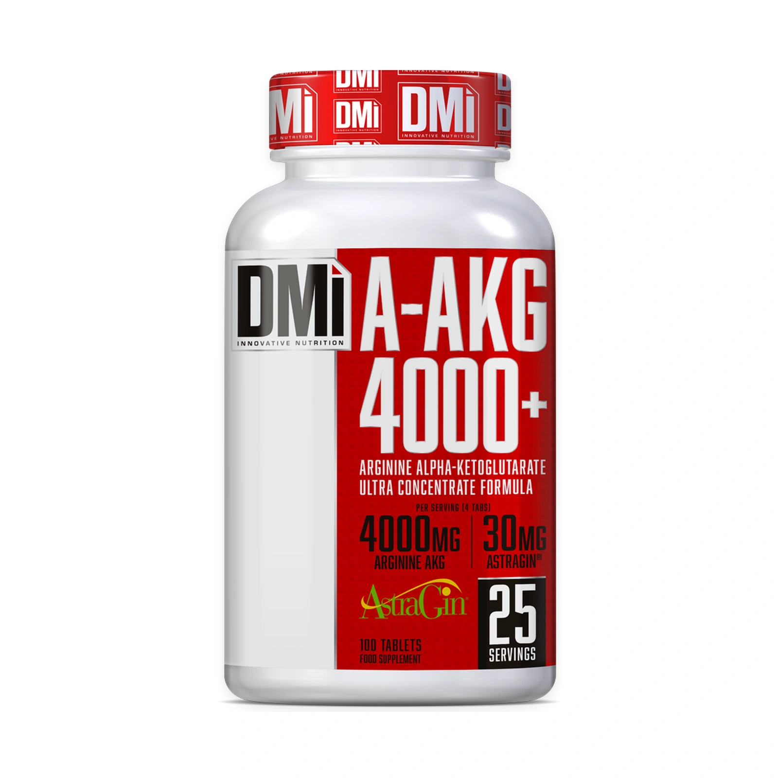 AAKG 4000+ DMI — 100 Comprimidos Frasco branco com rótulo vermelho de suplemento alimentar DMi A-AKG 4000+