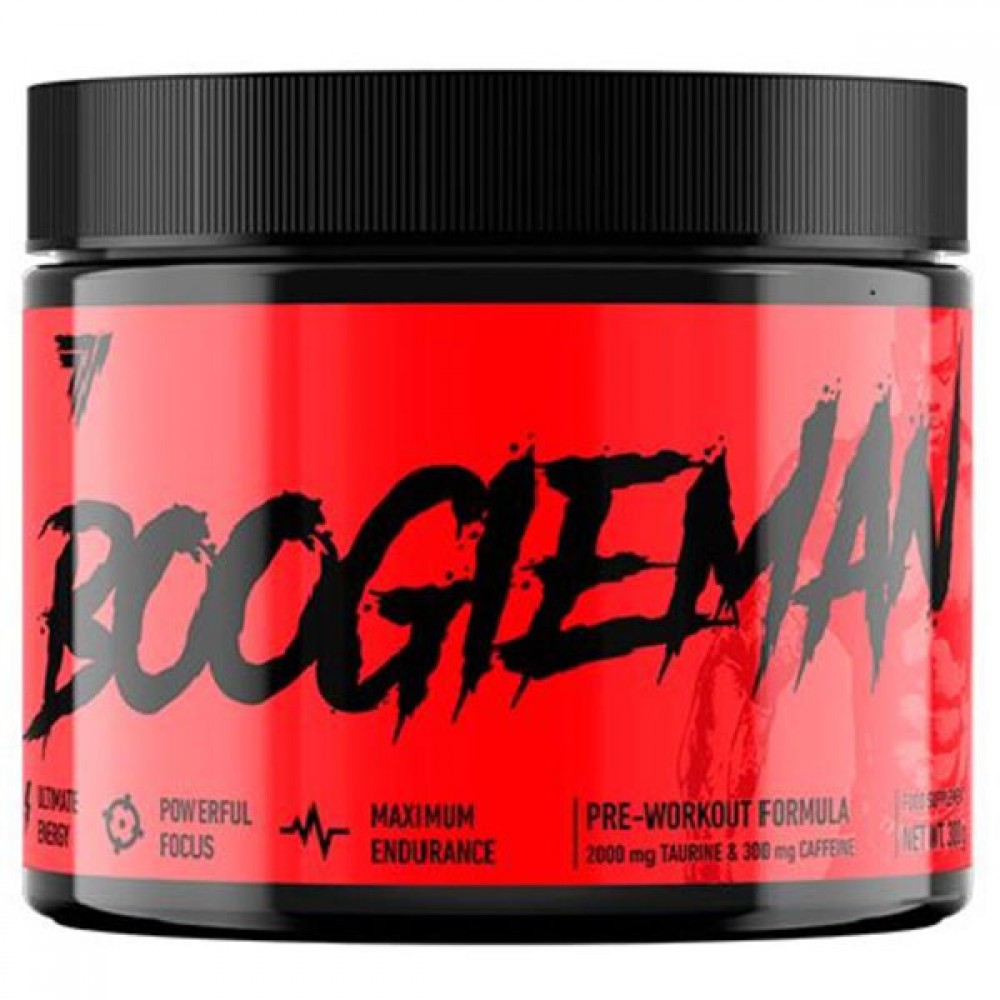 Frasco vermelho de suplemento pré-treino Boogieman com tampa preta