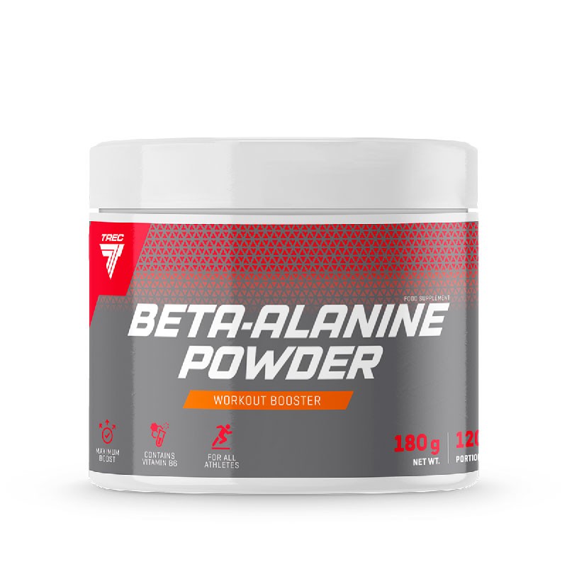 frasco de suplemento Beta-Alanine Powder com rótulo cinza e vermelho
