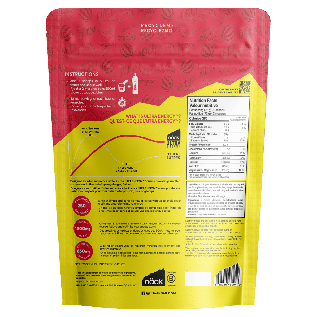 Embalaem de suplemento em pó Näak vermelha e amarela com instruções e tabela nutricional