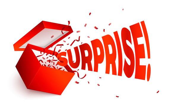 🎉🎉SUPRISEEEEEE🎉🎉 Caixa vermelha aberta com a palavra SURPRISE a sair.