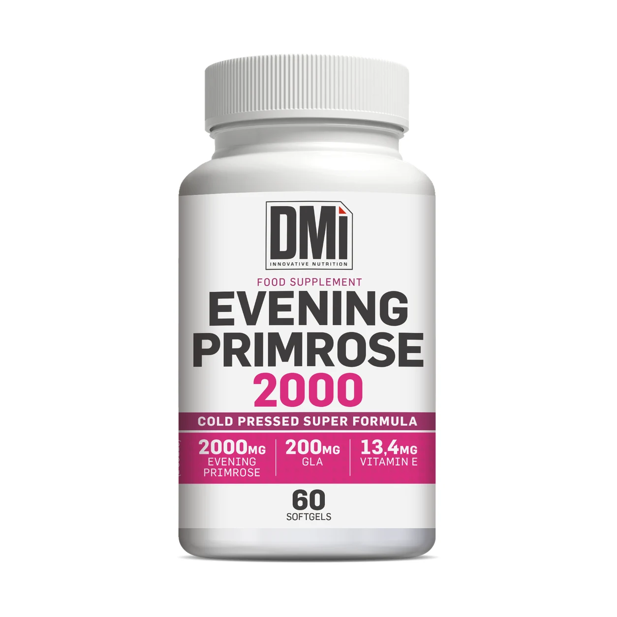 Evening Primrose 2000 DMI – 60 Softgels Frasco branco com suplemento alimentar Evening Primrose 2000 da DMI.