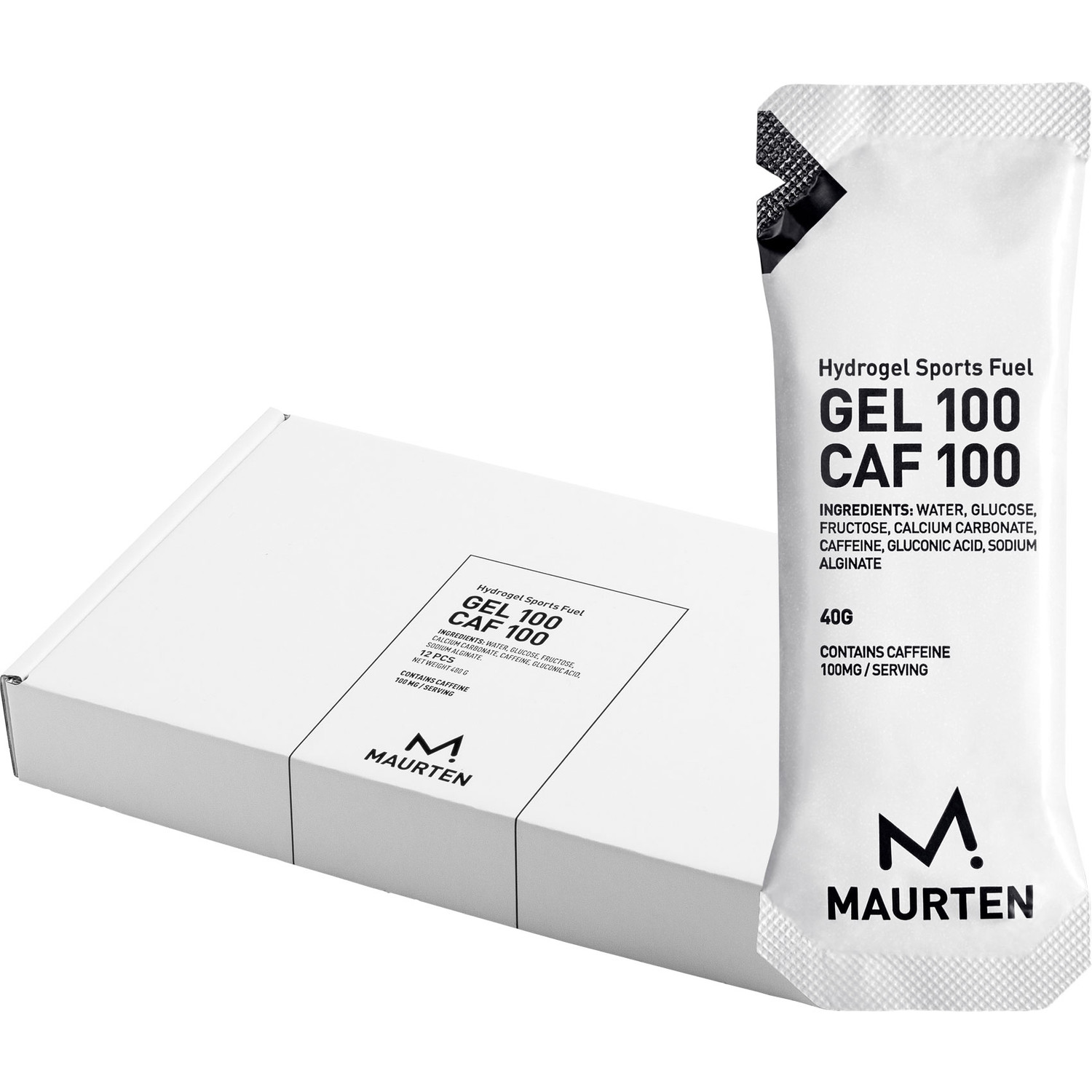 Embalagem de gel desportivo branco com texto preto da marca Maurten.