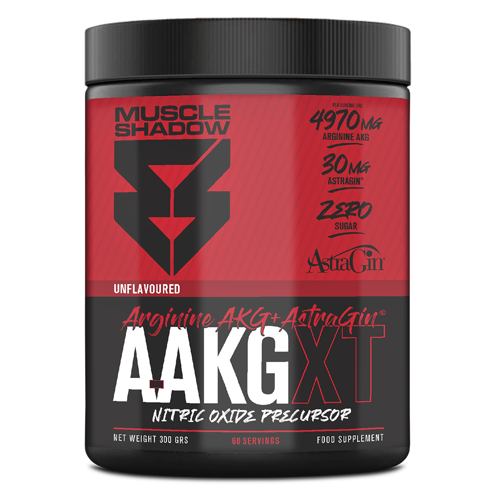 Frasco de suplemento alimentar Muscle Shadow A-AKG XT preto e vermelho
