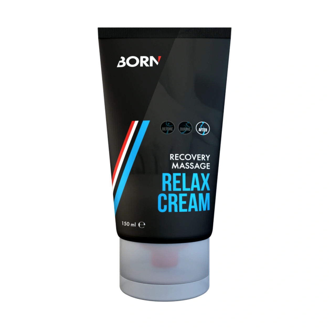 BORN Recovery Relax 150 ml | Creme de Massagem Frasco preto de 150 ml de creme de massagem relaxante BORN com tampa branca.
