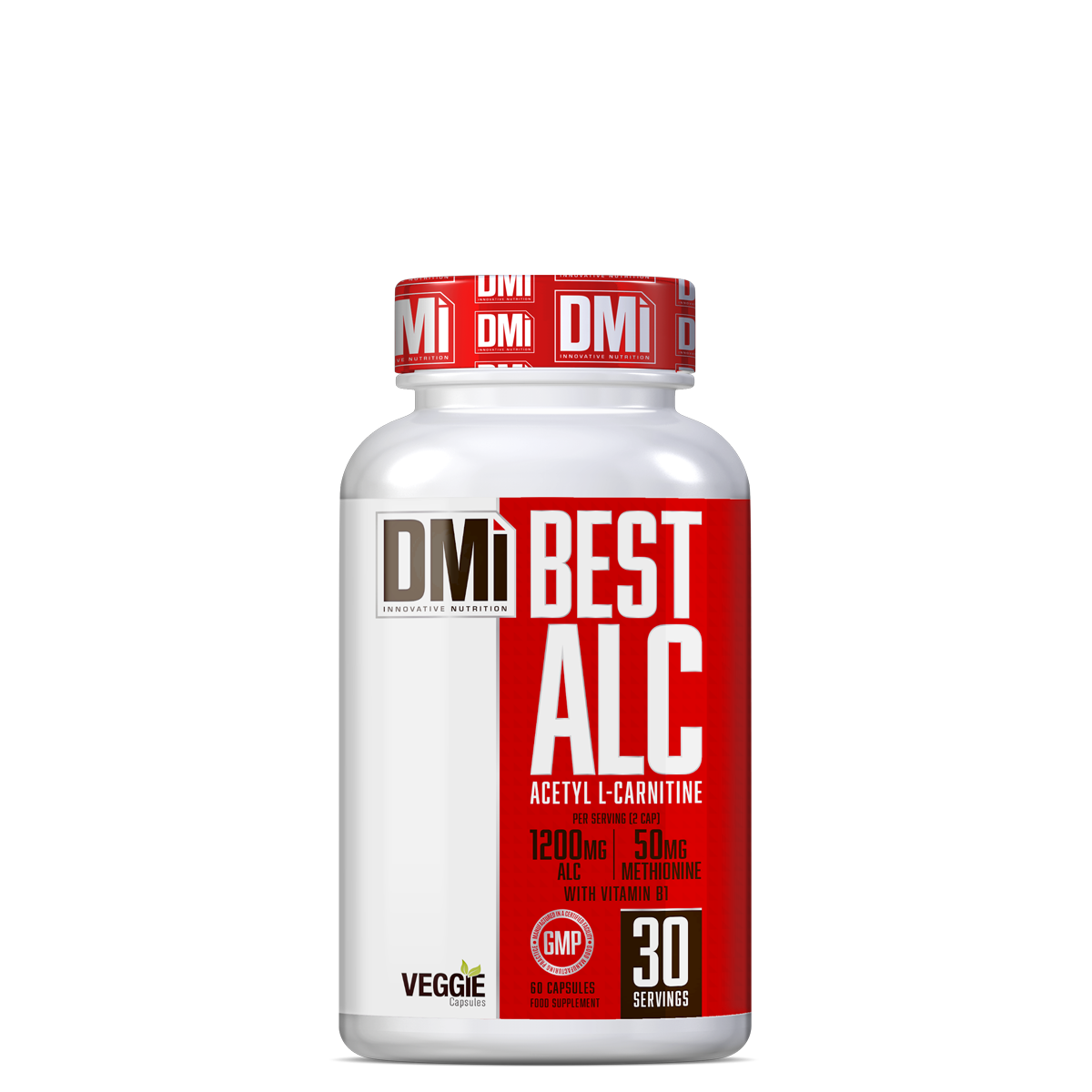Frasco branco de suplemento DMI Best ALC com rótulo vermelho e branco e tampa vermelha.
