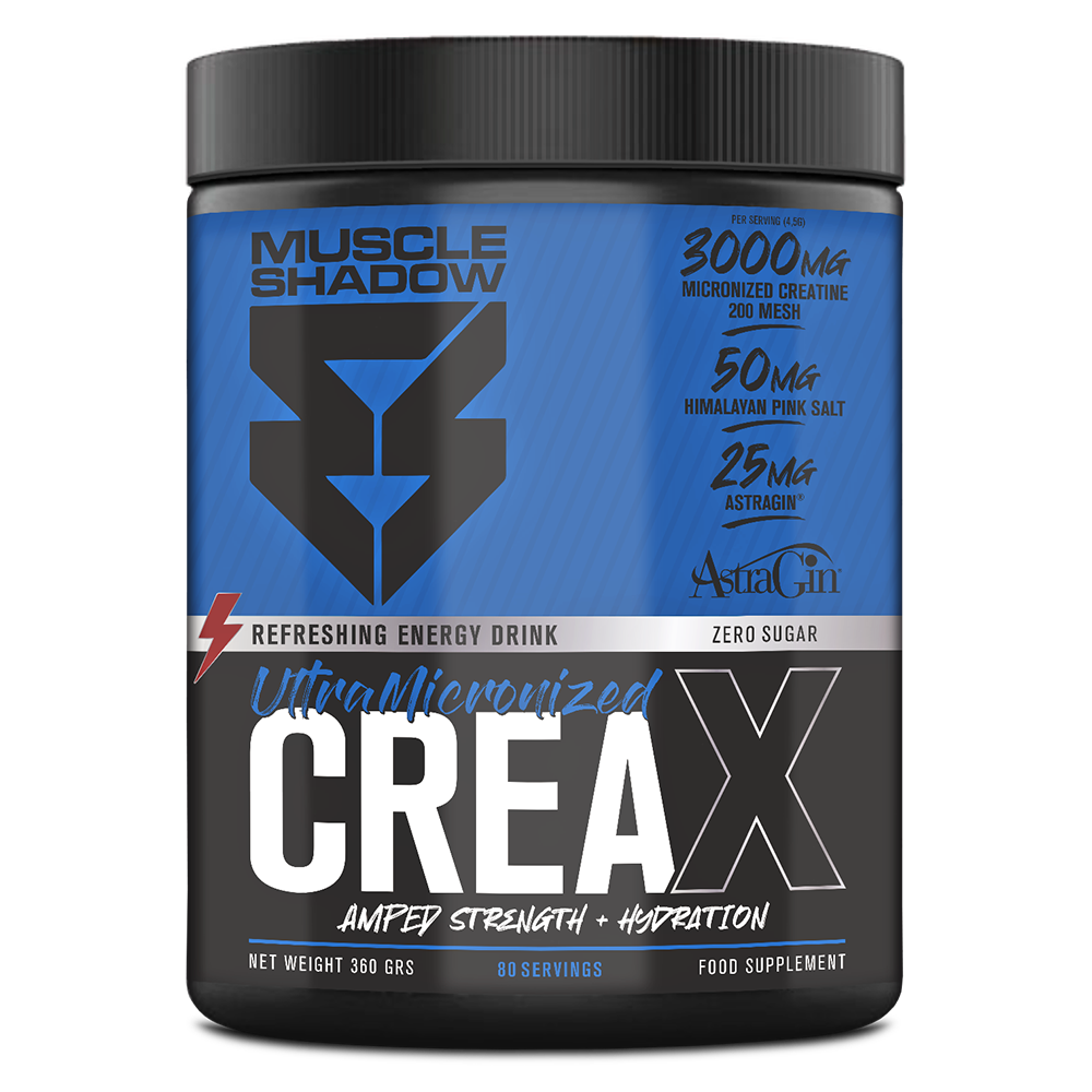 Suplemento alimentar Muscle Shadow Ultra Micronized CreaX em pote preto e azul