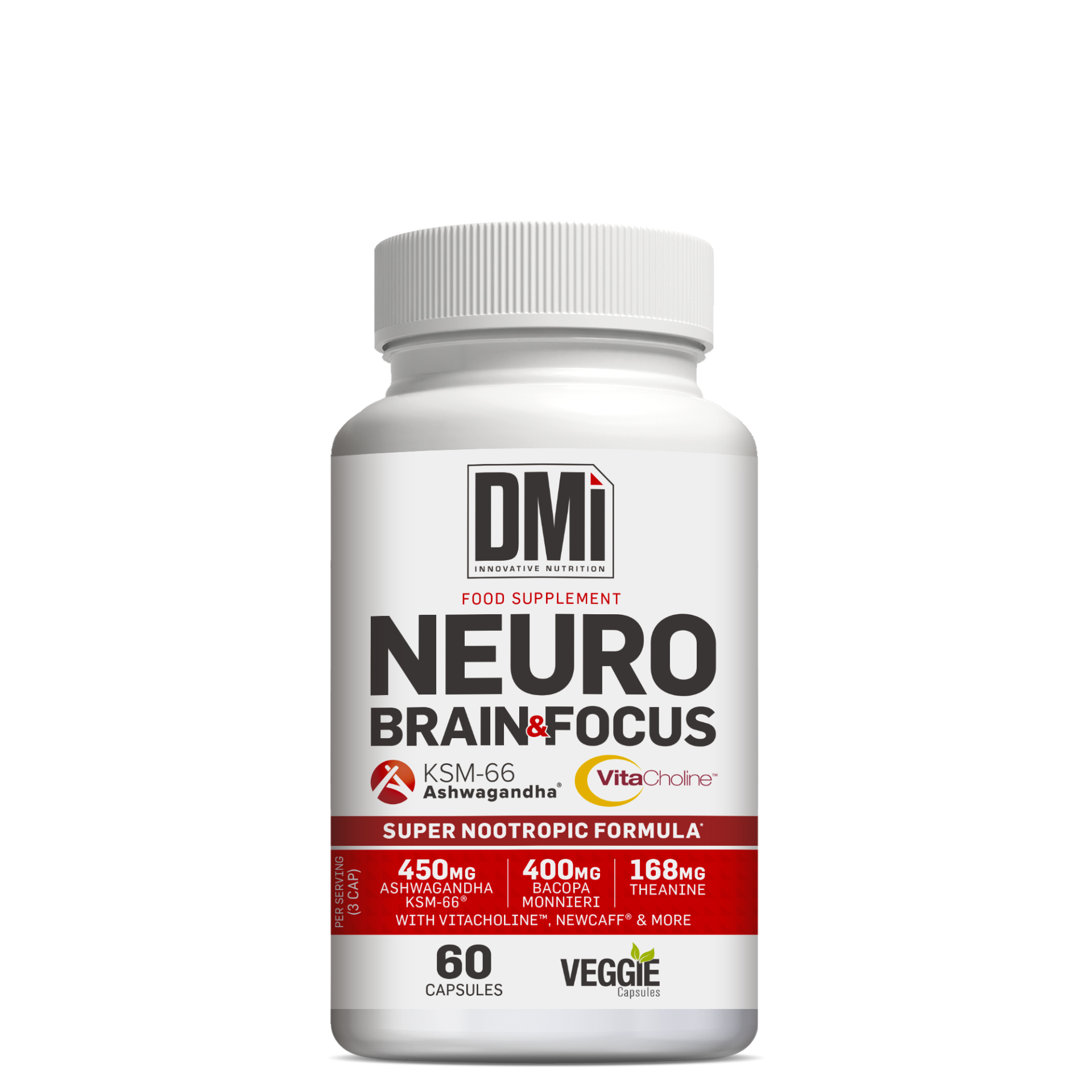 Frasco branco de suplemento alimentar NEURO BRAIN + FOCUS da DMI com rótulo vermelho e preto