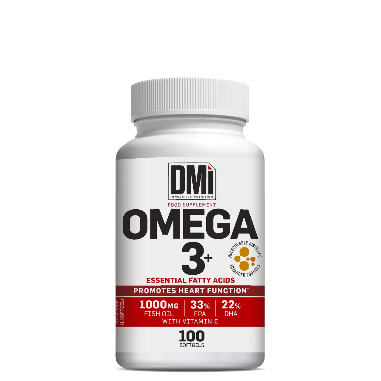Omega 3+ DMI Nutrition 100 Softgels Frasco de suplemento alimentar Omega 3+ DMi com 100 cápsulas moles