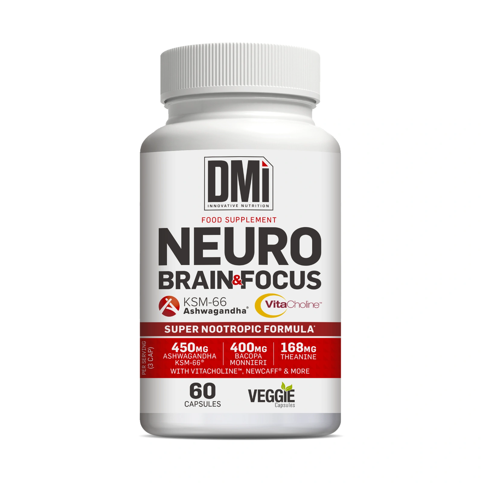 NEURO BRAIN & FOCUS DMI — 60 Cápsulas Frasco branco de suplemento alimentar NEURO BRAIN & FOCUS da DMi