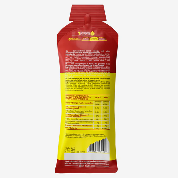 Pacote flexível vermelho e amarelo com texto nutricional e código de barras