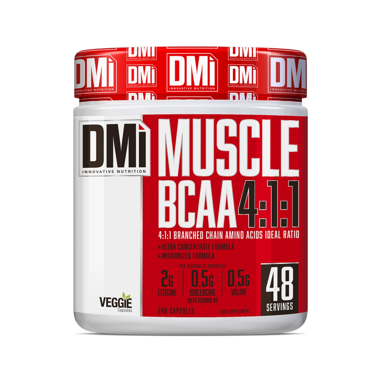 Muscle BCAA 4:1:1 DMI Nutrition 240 Cápsulas Frasco de suplemento DMi Muscle BCAA 4:1:1 com rótulo branco e vermelho