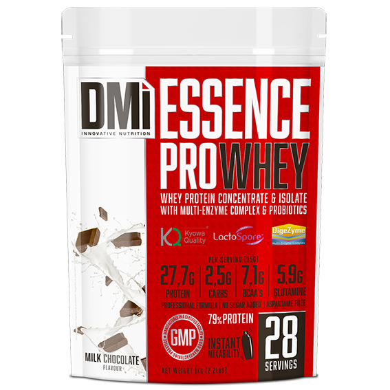 Embalagem de suplemento proteico Essence Pro Whey sabor Milk Chocolate