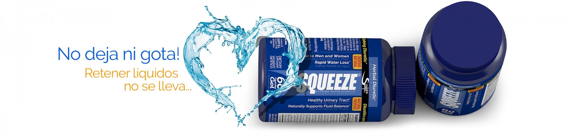 Frascos azuis do suplemento SQUEEZE com texto publicitário em espanhol e respingos de água azul em formato de coração