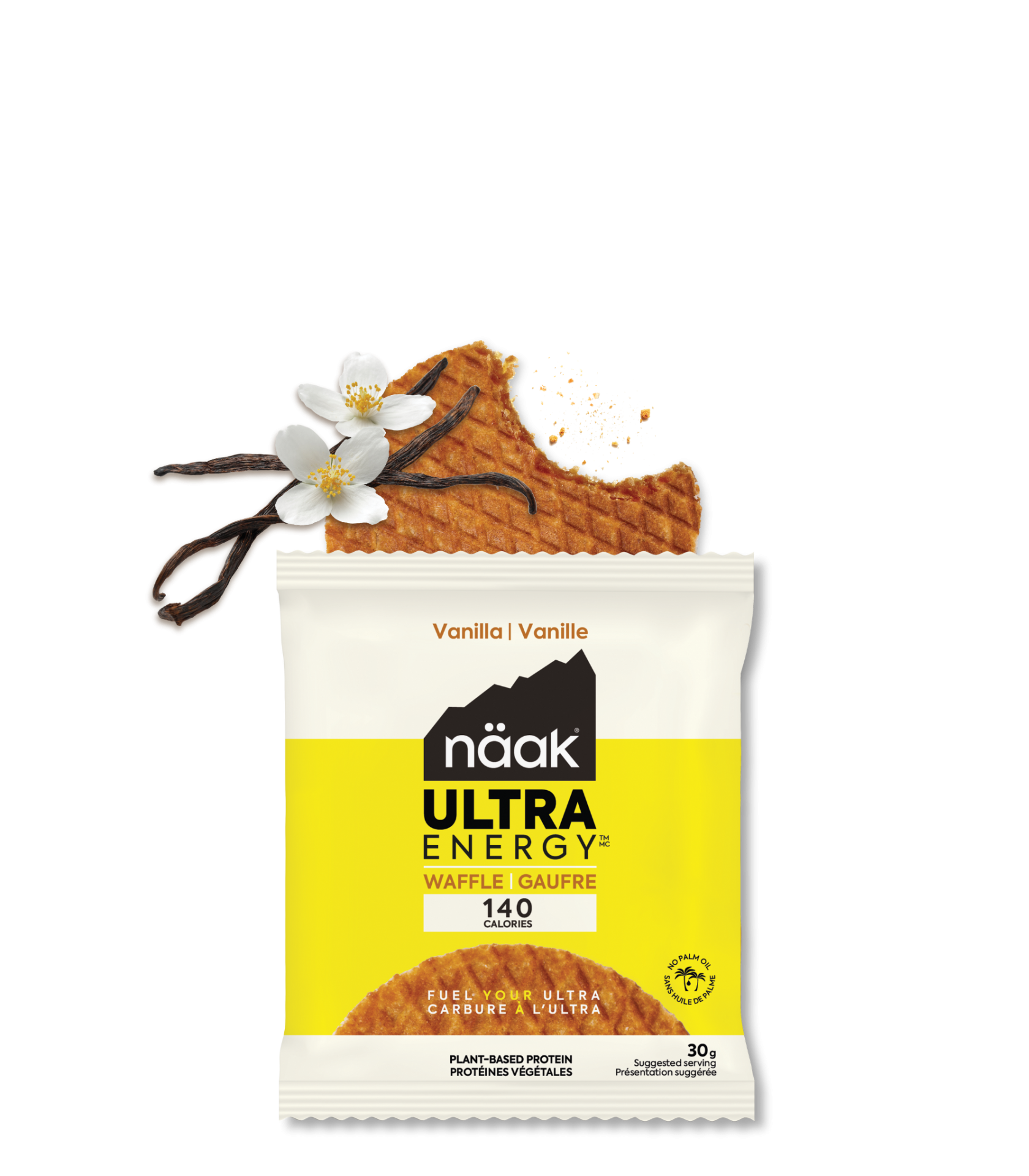 Pacote de bolacha waffle näak sabor baunilha com elementos decorativos de baunilha