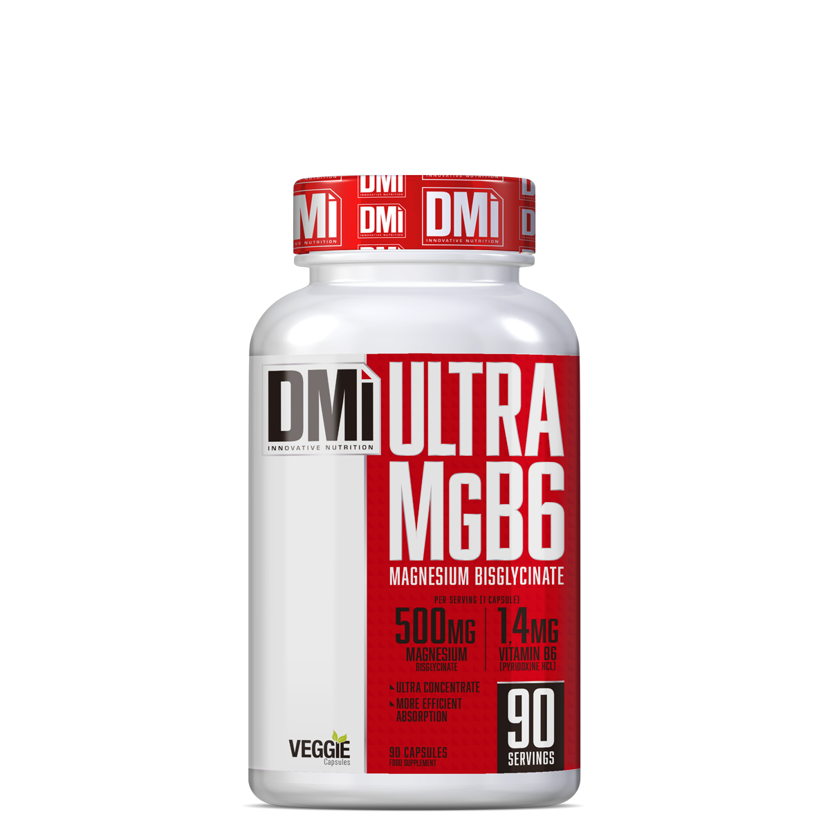 frasco branco de suplemento Ultra MgB6 com tampa vermelha e rótulo vermelho