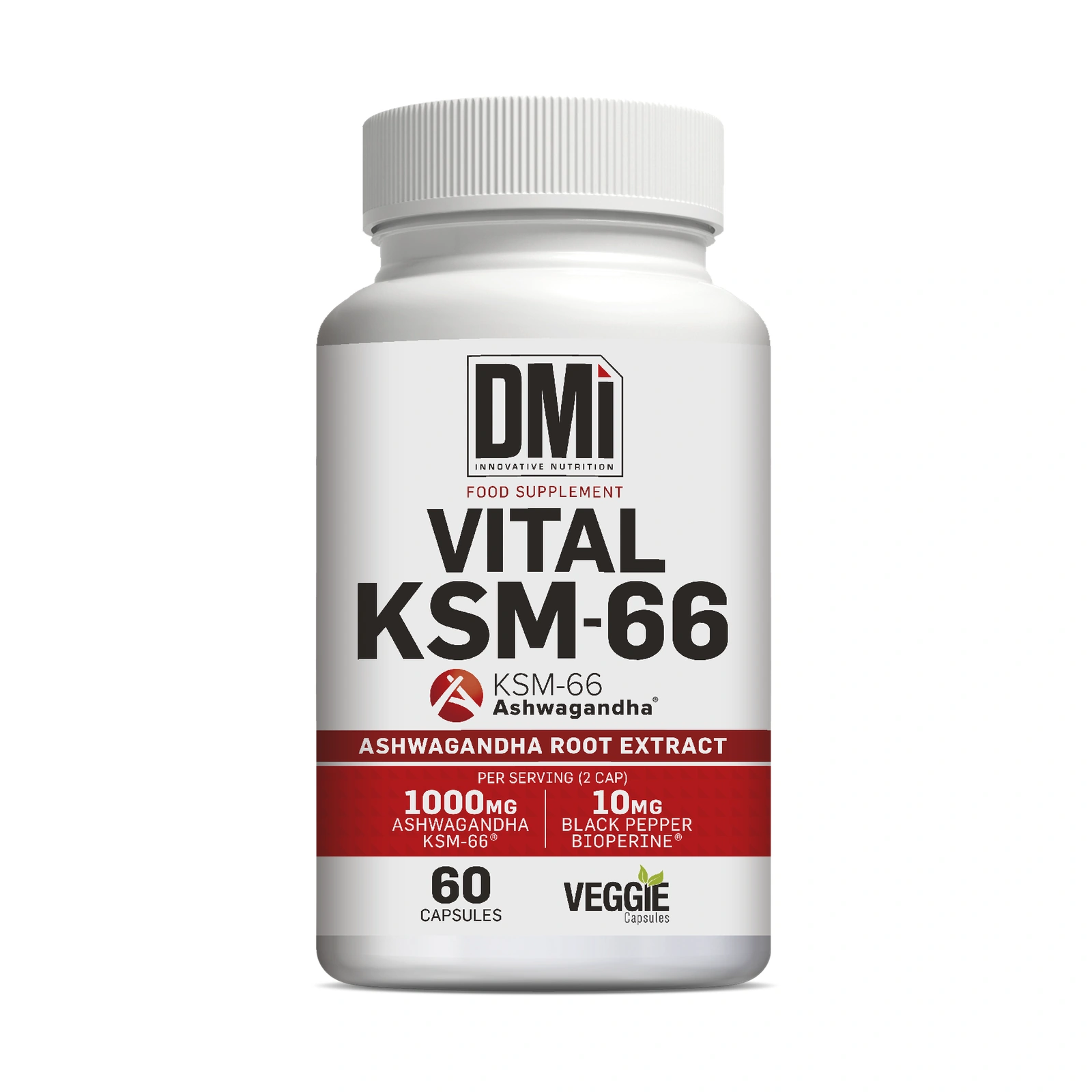 VITAL KSM-66 DMI — 60 Cápsulas Frasco branco de suplemento alimentar Vital KSM-66 com texto detalhado em branco, preto e vermelho
