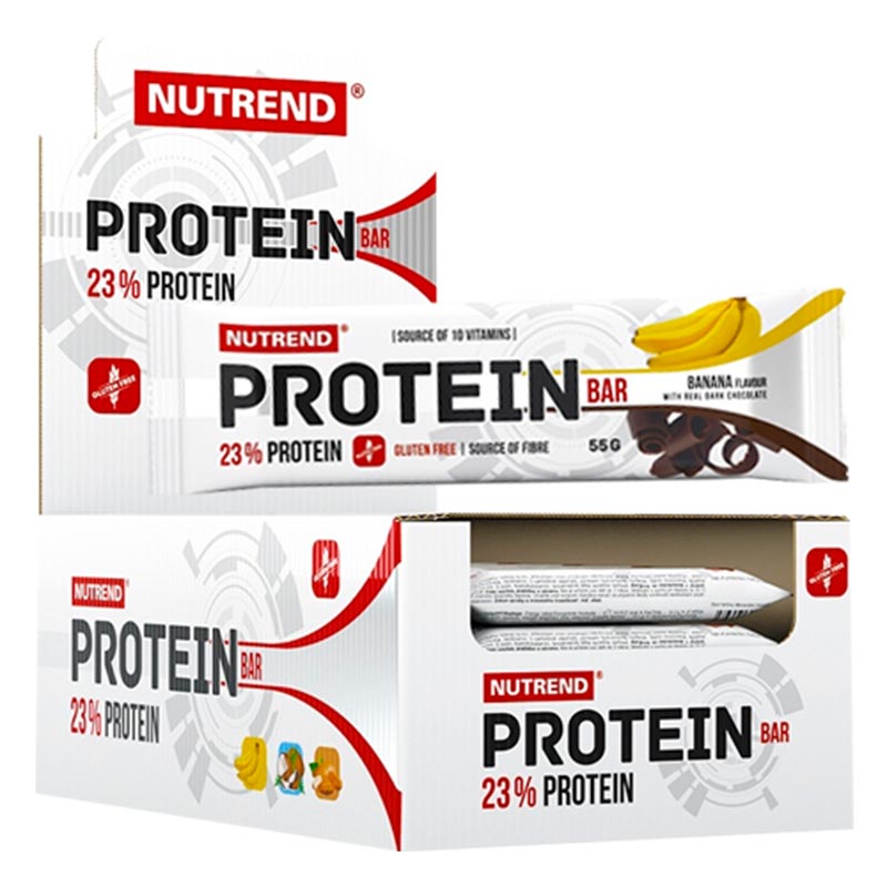 Barras de proteína NUTREND sabor banana e chocolate negro, 23% proteína, embalagem branca com texto e imagens de banana e chocolate