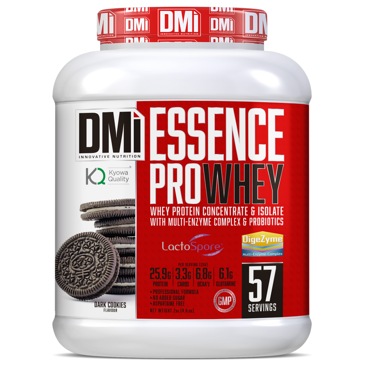 Recipiente de suplemento proteico DMI Essence Pro Whey sabor Dark Cookies