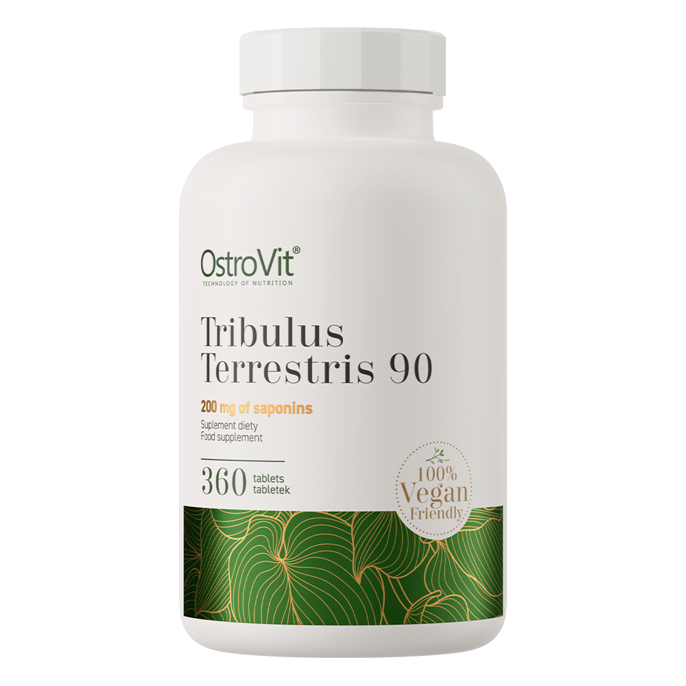 Frasco branco de suplemento Tribulus Terrestris da OstroVit com design verde e dourado