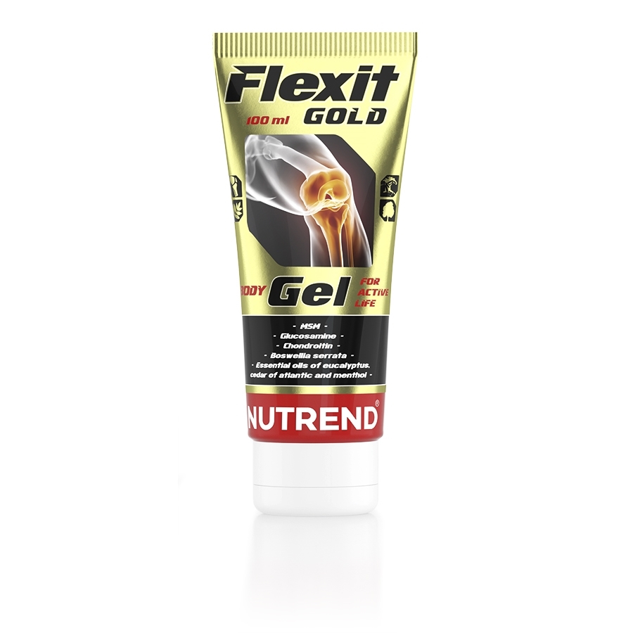 Embalagem de Flexit GOLD Gel Nutrend 100 ml com imagem de articulação do joelho